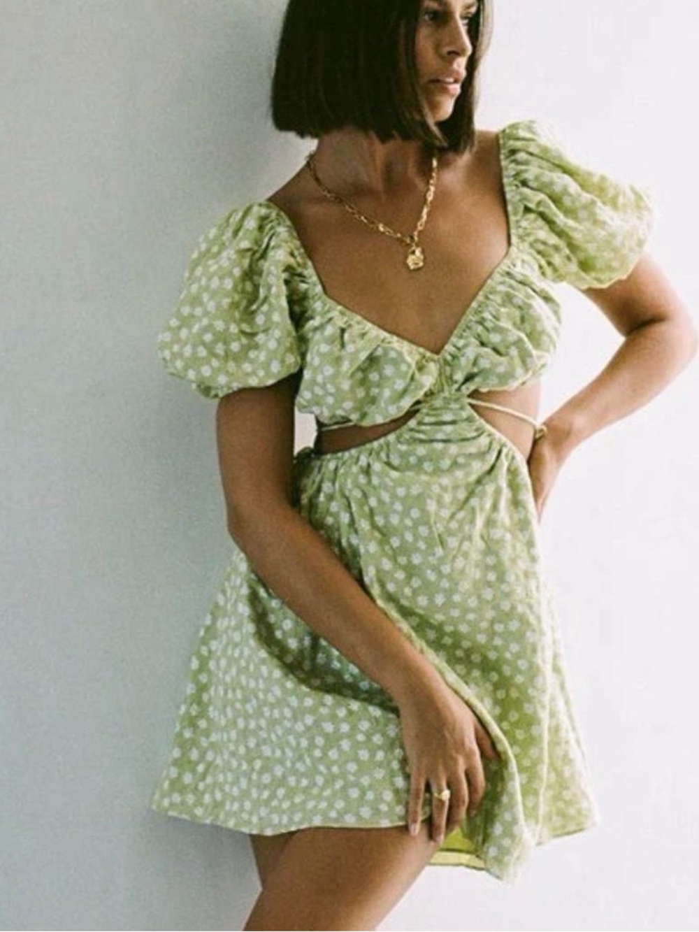 Green Floral Mini Dress with Puff Sleeves